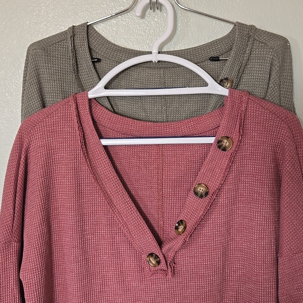 Amazon | *Bundle* Long Sleeve Waffle Knit Tees Olive Green & Rose Size Large